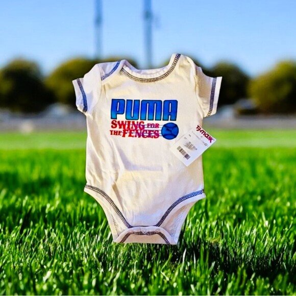 PUMA Baby Bodysuit 3-6 Months Red White Blue Baseball Logo Onesie NWT - Picture 1 of 7